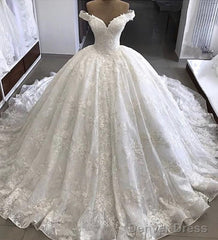V-Neck Off The Shoulder Ball Gown Wedding Lace Dresses