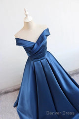 V Neck Off The Shoulder Long Satin Prom Dresses Ball Gowns