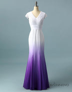 V Neck Ombre Prom Dresses, A Line Wedding Prom Gowns