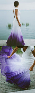 V Neck Ombre Prom Dresses, A Line Wedding Prom Gowns
