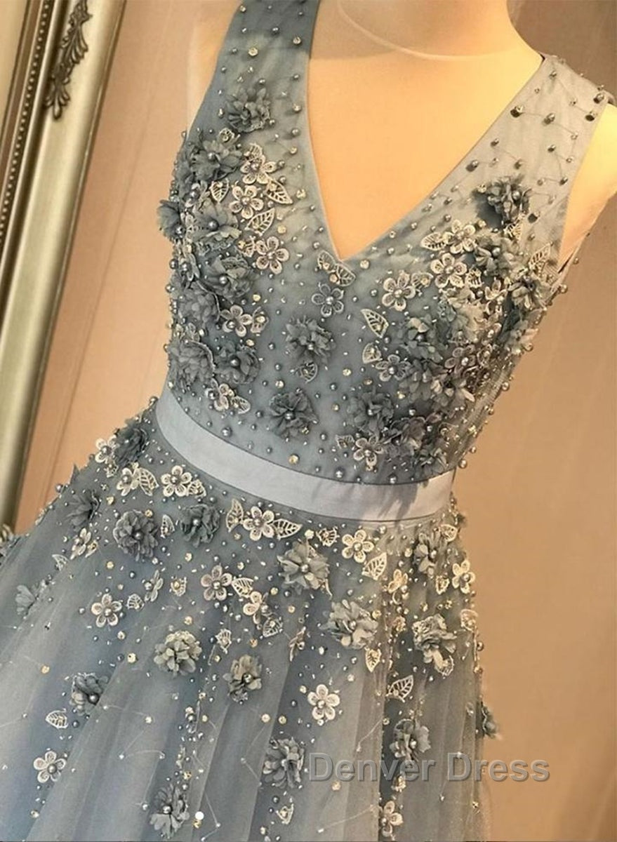 V Neck Open Back Beaded Blue Long Prom Dress with 3D Flowers, Open Back Blue Prom Graduation Prom Dresses