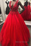 V Neck Open Back Beading Red Long Prom Dress with 3D Flower, V Neck Red Prom Dress, Red Prom Dresses