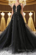 V Neck Open Back Black Tulle Lace Floral Long Prom Dress, Black Lace Prom Dresses with Appliques