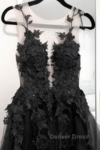 V Neck Open Back Black Tulle Lace Floral Long Prom Dress, Black Lace Prom Dresses with Appliques