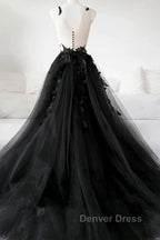 V Neck Open Back Black Tulle Lace Floral Long Prom Dress, Black Lace Prom Dresses with Appliques