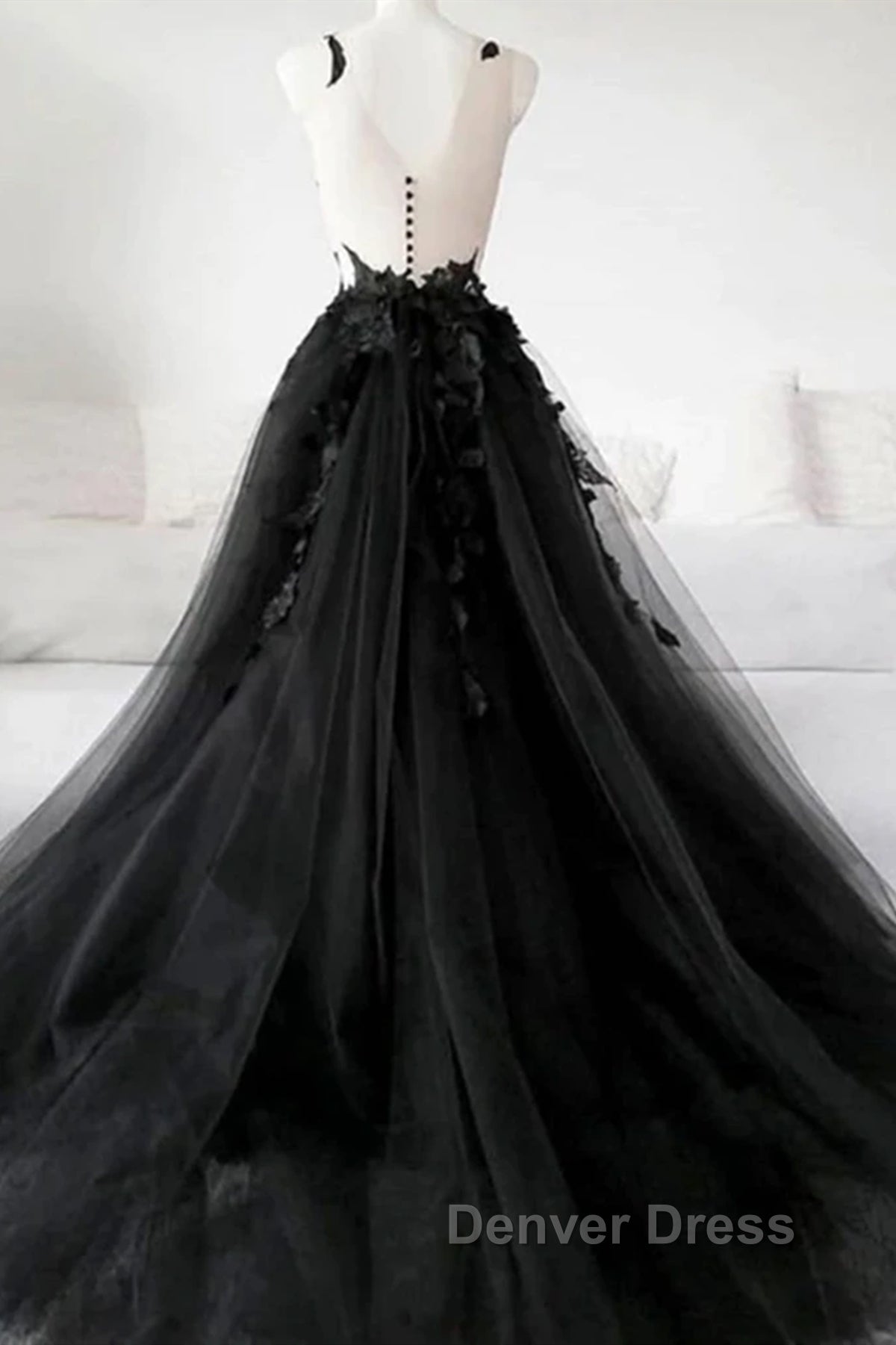 V Neck Open Back Black Tulle Lace Floral Long Prom Dress, Black Lace Prom Dresses with Appliques