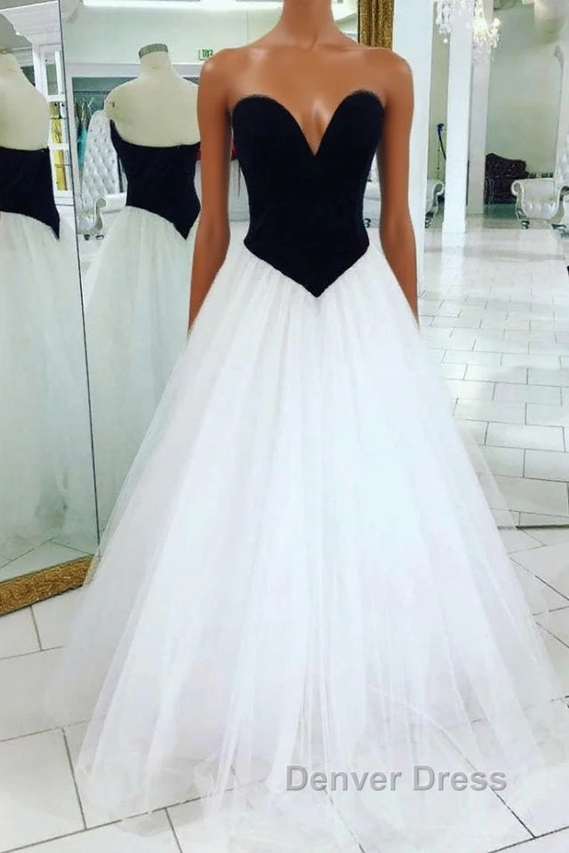 V Neck Open Back Black Velvet Top White Long Prom Dress, V Neck Black and White Prom Dresses Main image