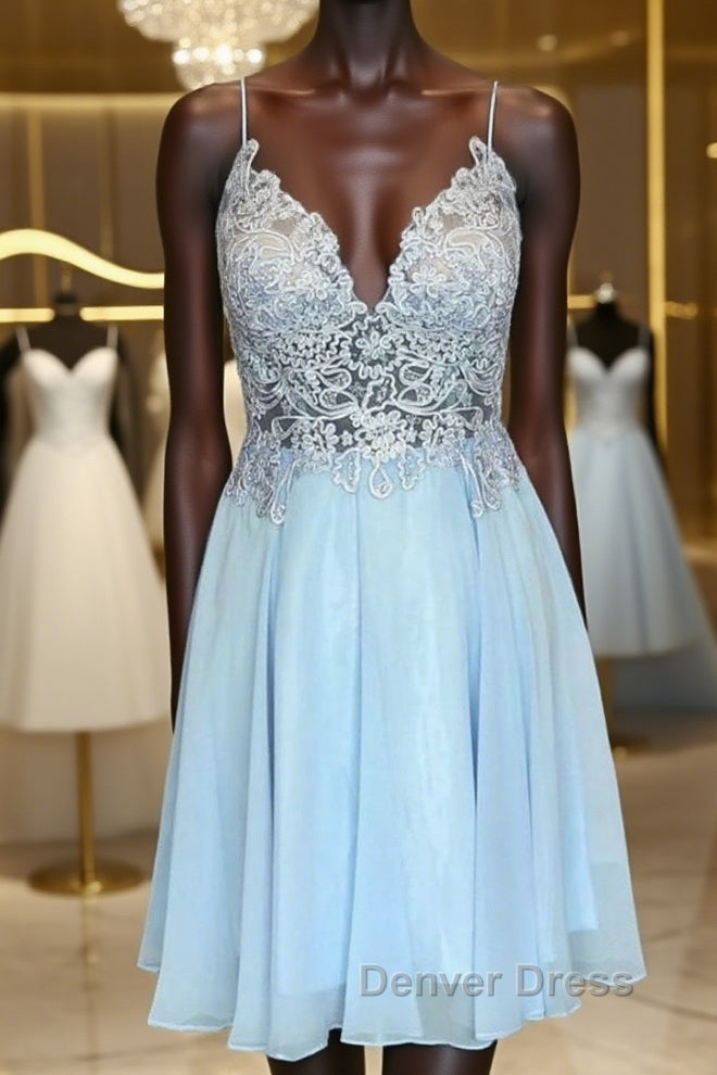 V Neck Open Back Blue Lace Short Prom Dresses, Blue Lace Homecoming Dresses, Short Blue Formal Evening Dresses Main image