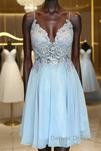 V Neck Open Back Blue Lace Short Prom Dress, Blue Lace Homecoming Dress, Short Blue Prom Dresses