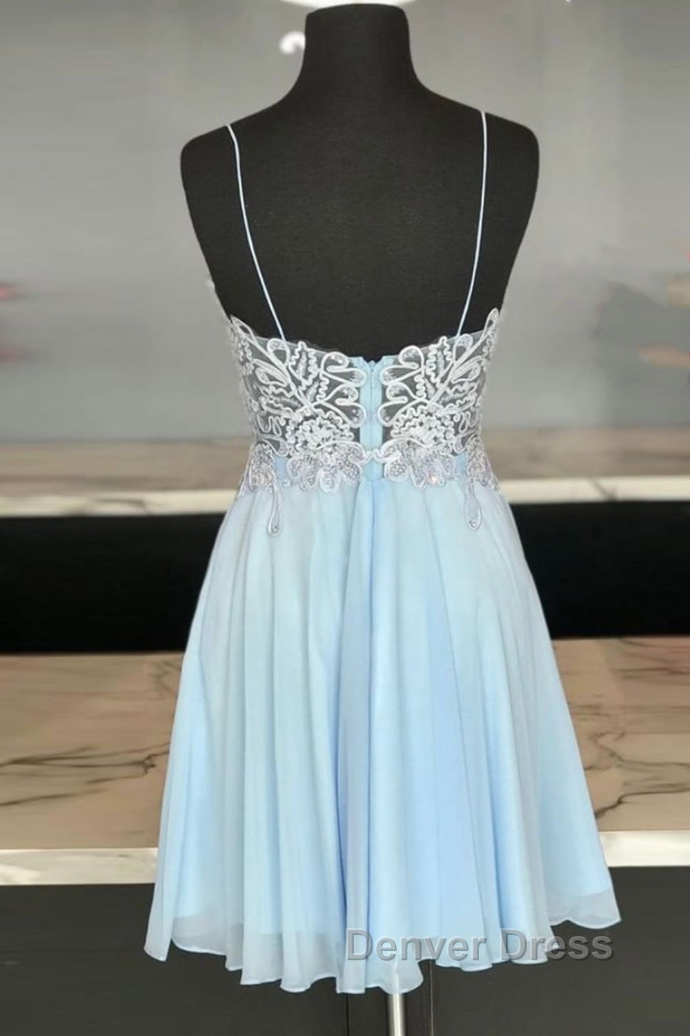 V Neck Open Back Blue Lace Short Prom Dresses, Blue Lace Homecoming Dresses, Short Blue Formal Evening Dresses Secondary image