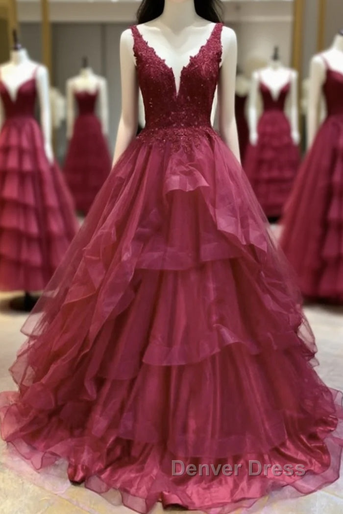 V Neck Open Back Burgundy Lace Long Prom Dress, Burgundy Lace Prom Dresses, Burgundy Ball Gowns Main image