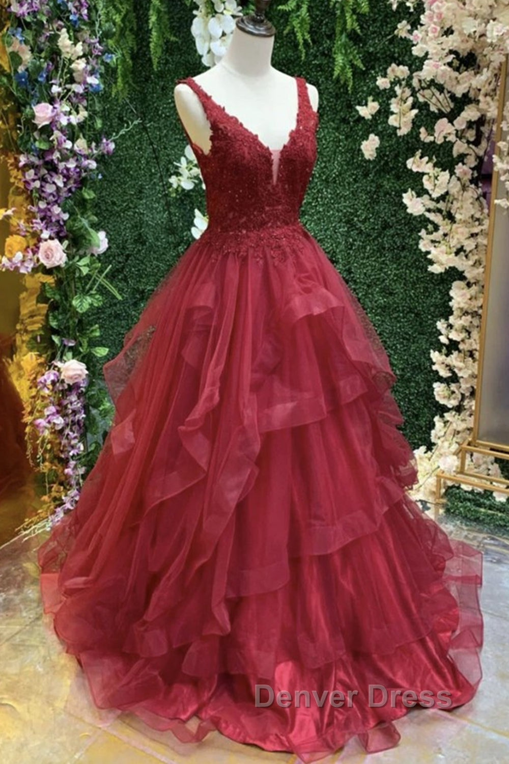 V Neck Open Back Burgundy Lace Long Prom Dress, Burgundy Lace Prom Dresses, Burgundy Ball Gowns Secondary image