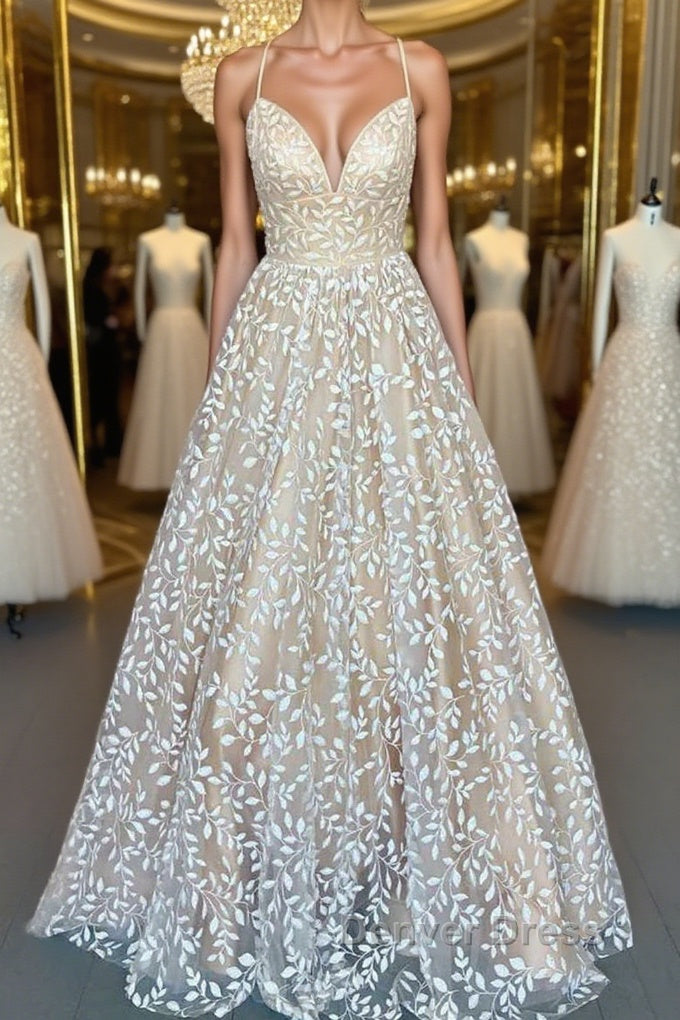 V Neck Open Back Champagne Lace Long Prom Dress, Champagne Lace Prom Graduation Prom Dresses Main image