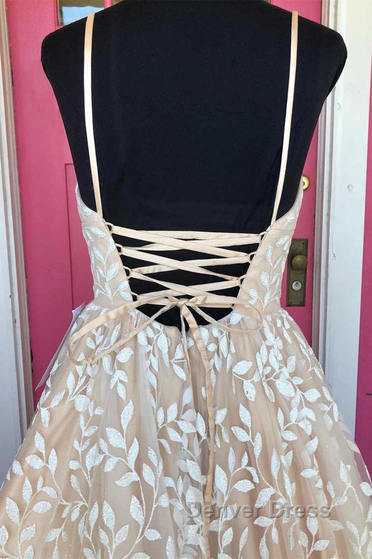 V Neck Open Back Champagne Lace Long Prom Dress, Champagne Lace Prom Graduation Prom Dresses Secondary image
