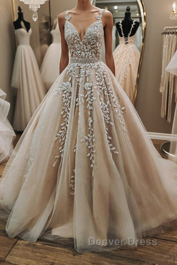 V Neck Open Back Champagne Tulle Lace Long Prom Dress with Belt, Champagne Lace Prom Dresses, Champagne Ball Gowns Main image