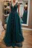 V Neck Open Back Dark Green Lace Beaded Long Prom Dress, Dark Green Lace Prom Dress, Dark Green Prom Dresses