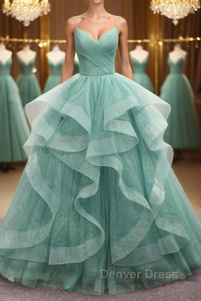 V Neck Open Back Fluffy Green Tulle Long Prom Dress, Green Prom Dresses, Ball Gowns Main image