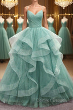 V Neck Open Back Fluffy Green Tulle Long Prom Dress, Green Prom Dresses, Ball Gowns
