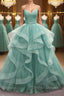 V Neck Open Back Fluffy Green Tulle Long Prom Dress, Green Prom Dresses, Ball Gowns