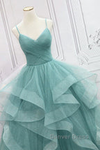 V Neck Open Back Fluffy Green Tulle Long Prom Dress, Green Prom Dresses, Ball Gowns
