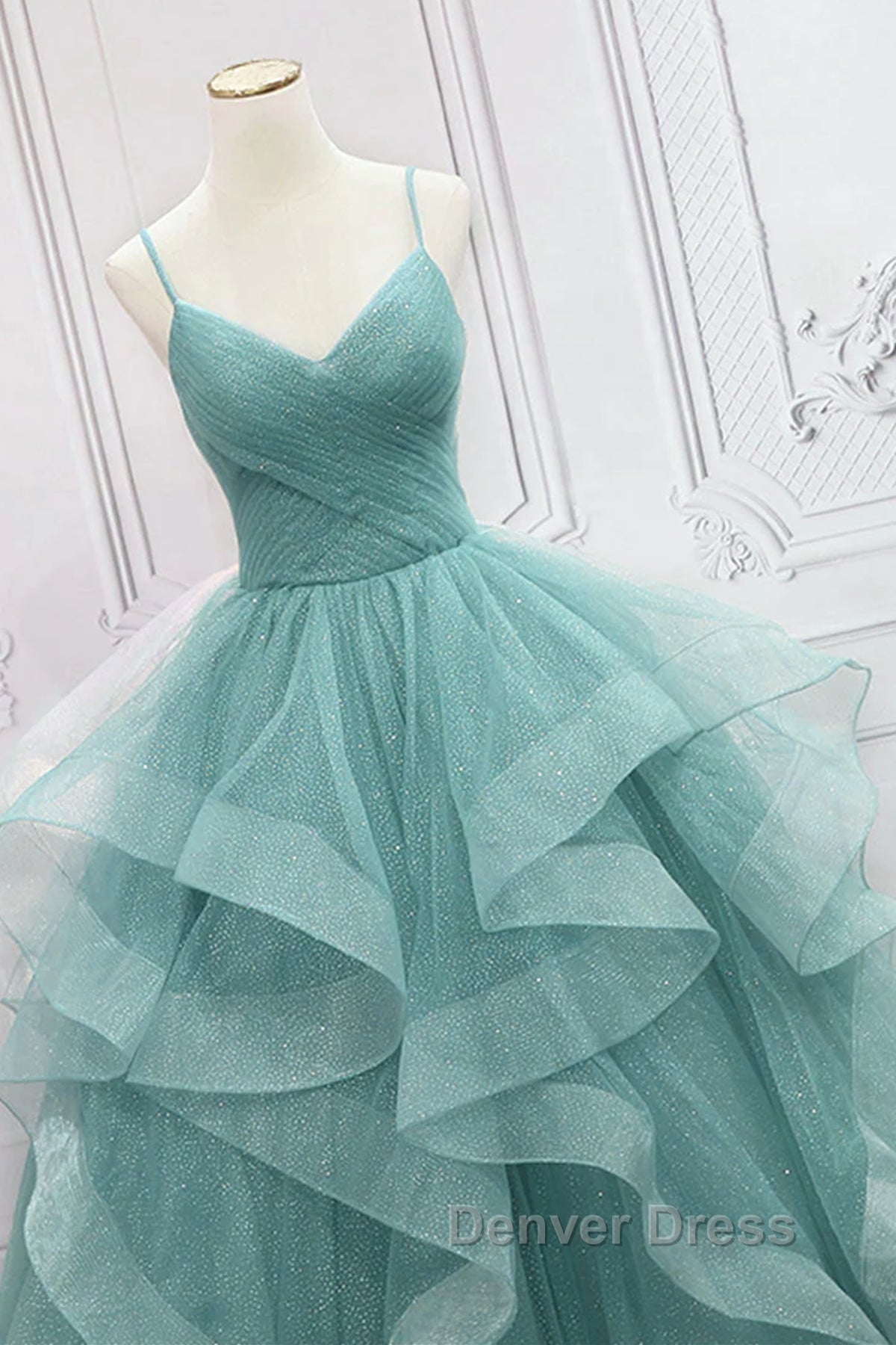 V Neck Open Back Fluffy Green Tulle Long Prom Dress, Green Prom Dresses, Ball Gowns