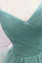 V Neck Open Back Fluffy Green Tulle Long Prom Dress, Green Prom Dresses, Ball Gowns