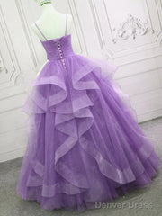 V Neck Open Back Fluffy Purple Tulle Long Prom Dress