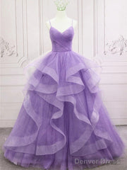 V Neck Open Back Fluffy Purple Tulle Long Prom Dress