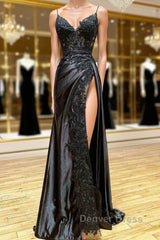V Neck Open Back Mermaid Black Lace Long Prom Dresses, Mermaid Black Lace Formal Dresses