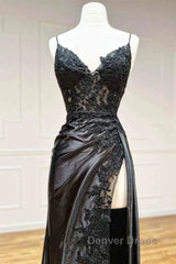 V Neck Open Back Mermaid Black Lace Long Prom Dresses, Mermaid Black Lace Formal Dresses