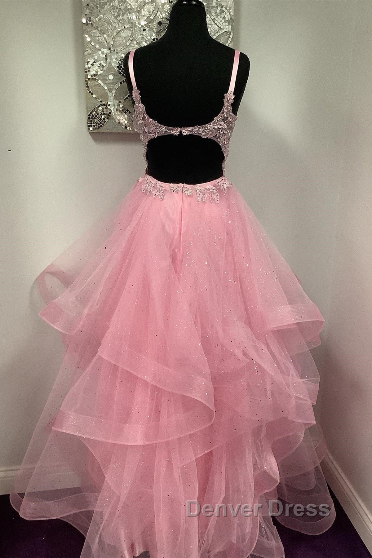 V Neck Open Back Pink Lace Puffy Tulle Long Prom Dress, Pink Lace Prom Dress, Pink Prom Dresses Secondary image
