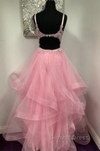 V Neck Open Back Pink Lace Puffy Tulle Long Prom Dress, Pink Lace Prom Dress, Pink Prom Dresses