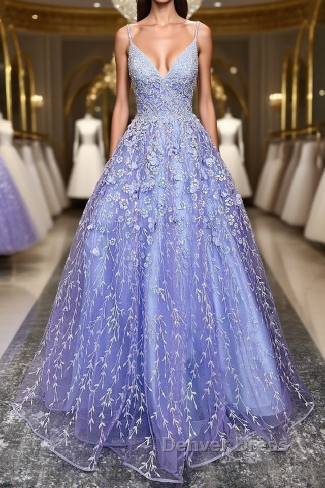 V Neck Open Back Purple Lace Floral Long Prom Dress, Purple Lace Floral Prom Dresses Main image