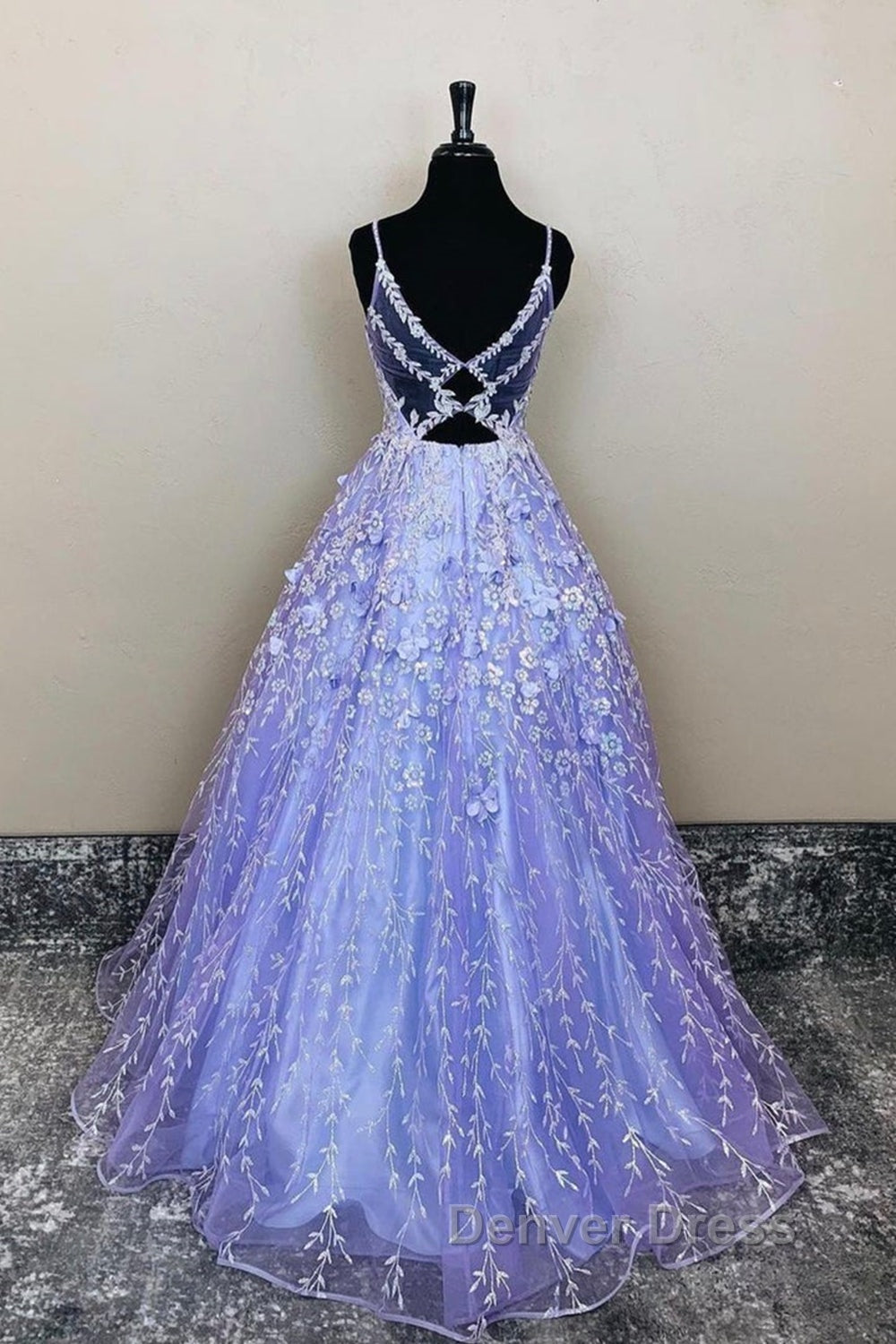 V Neck Open Back Purple Lace Floral Long Prom Dress, Purple Lace Floral Prom Dresses Secondary image