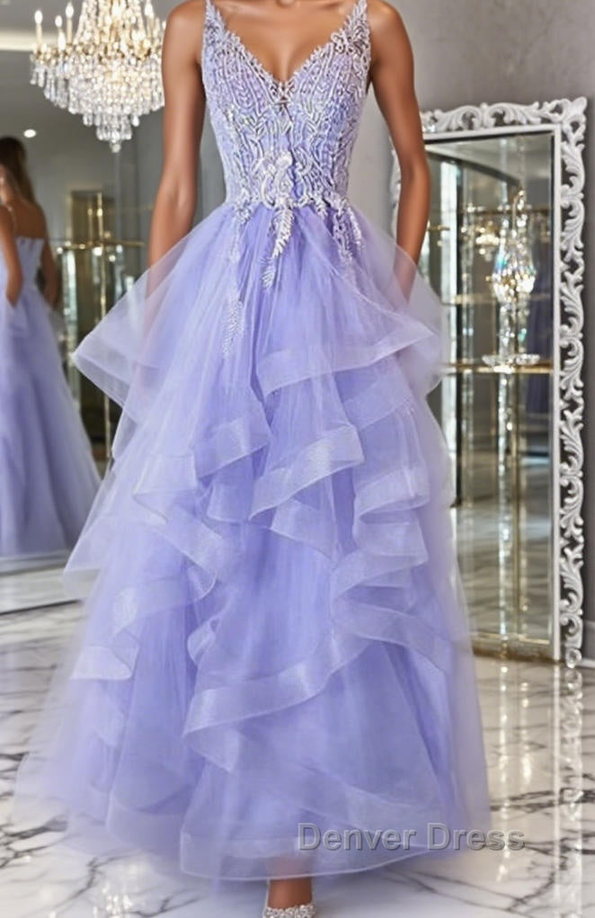 V Neck Open Back Purple Lace Long Prom Dress, Purple Lace Prom Dresses, Purple Ball Gowns Main image