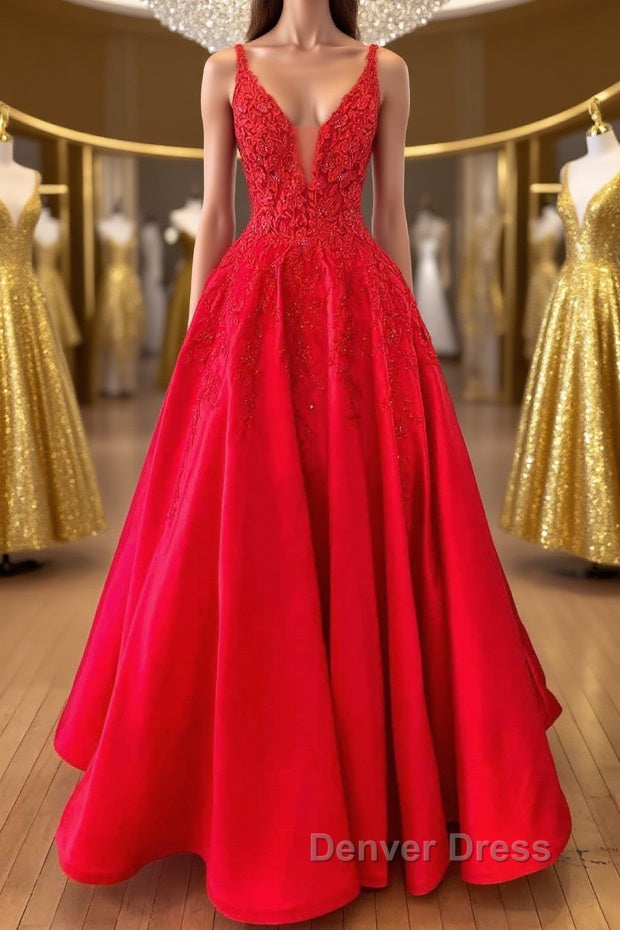 V Neck Open Back Red Lace Long Prom Dress, Red Lace Prom Dress, Beaded Red Prom Dresses Main image
