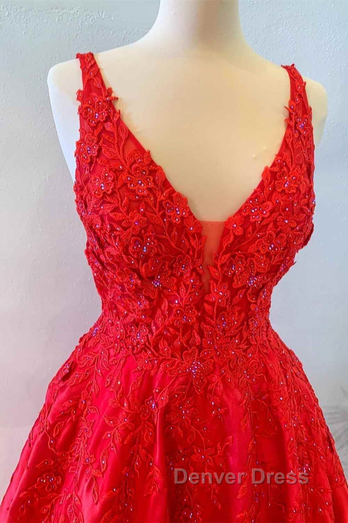 V Neck Open Back Red Lace Long Prom Dress, Red Lace Prom Dress, Beaded Red Prom Dresses