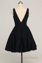 V Neck Open Back Short Black Prom Dress, V Neck Black Homecoming Dress, Black Prom Dresses