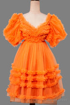 V-Neck Orange Ruffled Short Homecoming Dress with Puff Sleeves