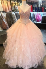 V Neck Organza Ruffles Ball Gown Quinceanera Dresses