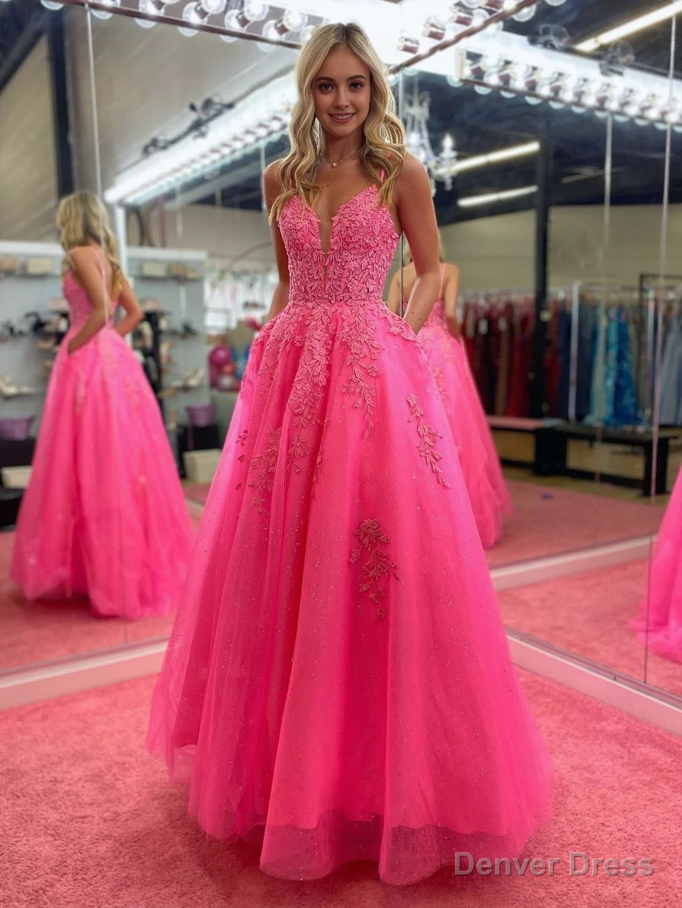 V Neck Pink A Line Lace Long Prom Dress Main image