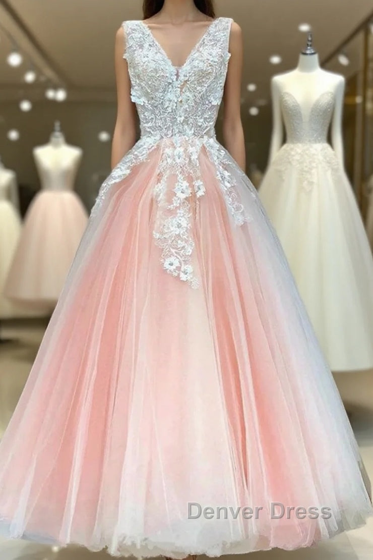 V Neck Pink Lace Appliques Long Sweet 16 Prom Dresses, Pink Lace Formal Dresses, Pink Evening Dresses Main image