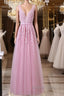 V Neck Pink Lace Prom Dress, Pink V Neck Lace Bridesmaid Prom Dresses