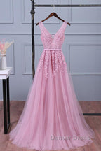 V Neck Pink Lace Prom Dress, Pink V Neck Lace Bridesmaid Prom Dresses