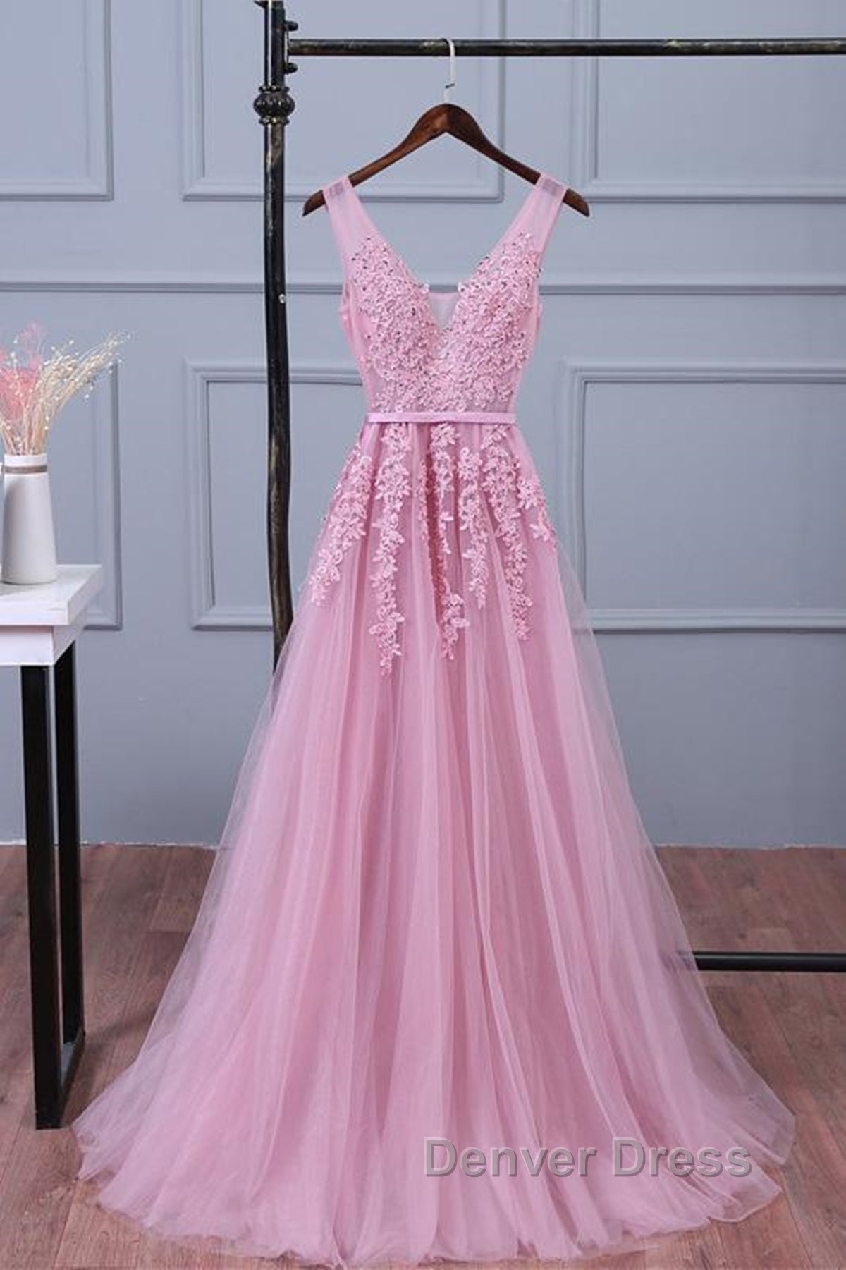 V Neck Pink Lace Prom Dress, Pink V Neck Lace Bridesmaid Prom Dresses