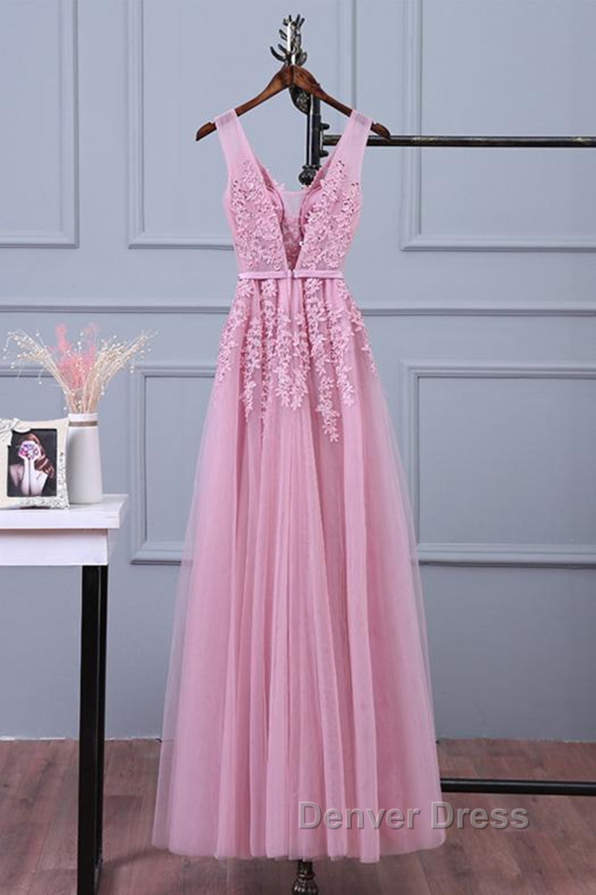 V Neck Pink Lace Prom Dress, Pink V Neck Lace Bridesmaid Prom Dresses