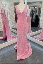 V Neck Pink Sequin Long Prom Dresses with Slit