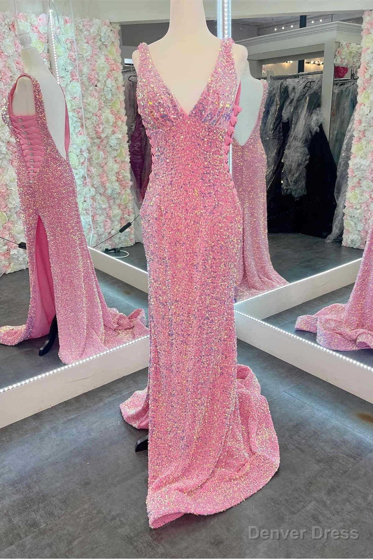V Neck Pink Sequin Long Prom Dresses with Slit