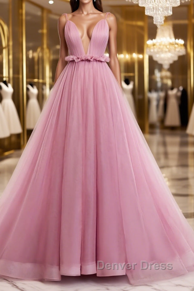 V Neck Pink Tulle Prom Dress with Train, Pink Long Prom Graduation Dresses Main image