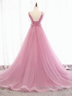 V Neck Pink Tulle Prom Dress with Train, Pink Long Prom Graduation Dresses